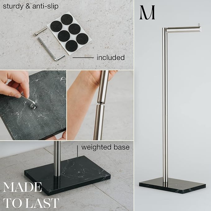 MARMOLUX ACC Free Standing Brushed Nickel Toilet Paper Holder Stand - 4 Jumbo Roll Bathroom Hardware - Standing Toilet Paper Holder - Stainless Steel Toilet Paper Stand - Brushed Steel/Black Marble