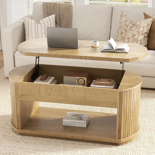 FABATO Oval Lift Top Coffee Table with Storage, Mid Century Modern Coffee Table for Living Room, 2 Tier Center Table with Lift-Top, 41.7" Fluted Wood Table for Reception Room, Home Office, Wood