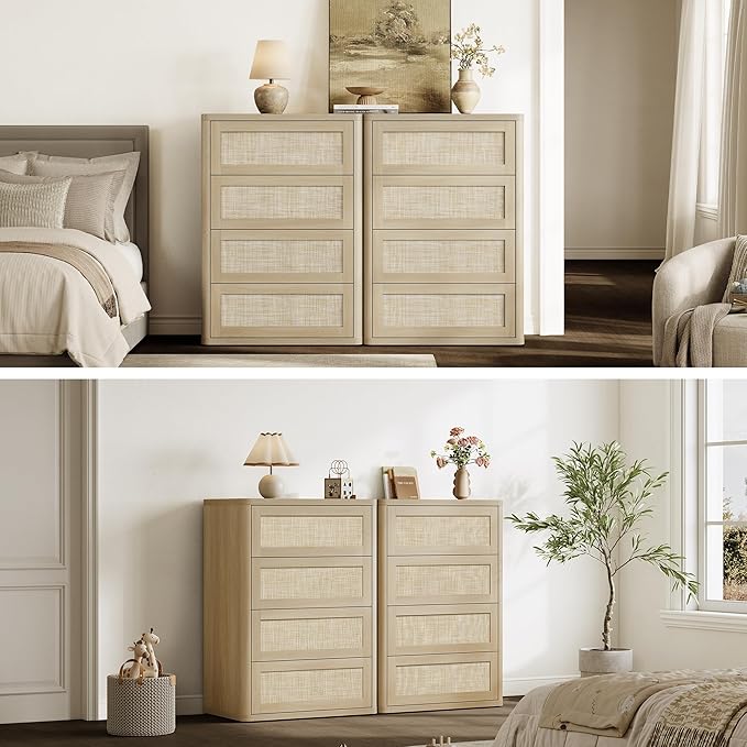 SICOTAS 4 Drawer Dresser for Bedroom-40.59'' Tall Rattan Bedroom Dressers with Oversized Drawers, Boho Wooden Chest of Drawers, Push-to-Open Storage Dresser for Closet, Nursery, Sand Oak