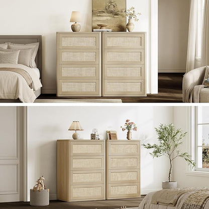 SICOTAS 4 Drawer Dresser for Bedroom-40.59'' Tall Rattan Bedroom Dressers with Oversized Drawers, Boho Wooden Chest of Drawers, Push-to-Open Storage Dresser for Closet, Nursery, Sand Oak