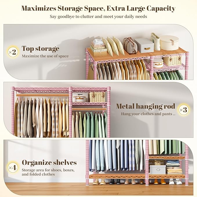 Raybee Portable Closet 780LBS, Heavy Duty Clothes Rack, Freestanding Clothing Rack with 3 Hanging Rods & 6 Shelves, Adjustable Wardrobe Closet Organizer System, Pink