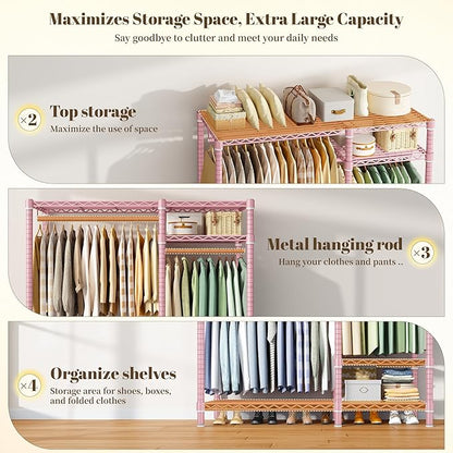 Raybee Portable Closet 780LBS, Heavy Duty Clothes Rack, Freestanding Clothing Rack with 3 Hanging Rods & 6 Shelves, Adjustable Wardrobe Closet Organizer System, Pink