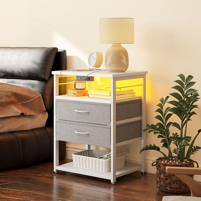 AODK Night Stand with Charging Station and LED Lights, 27.6 Inch Bed Side Table with 2 Drawers and Open Shelf, Bedside Table for Bedroom, Living Room, White & Light Grey