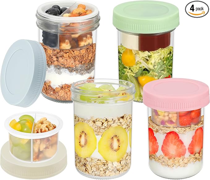 Xyptorix 16 oz Overnight Oats Containers with Airtight Lids - 4-Pack Leak-Proof Wide Mouth Mason Jars & Divided Cups for Dried and Wet Foods, Glass Jars for Chia Pudding, Salad, Snacks, and Yogurt