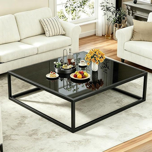 31.5" Square Coffee Table, Mid-Century Modern Black Center Table for Living Room, Floor Table for Sitting on The Floor, Wood Cocktail Tea Contemporary Tables with Metal Frame for Office Apartment Home