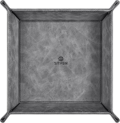 SITHON Valet Tray Desktop Storage Organizer – Premium PU Leather Catchall Bedside Vanity Tray Nightstand Caddy Holder for Remote Controller, Keys, Phone, Wallet, Coin, Jewelry (Gray)
