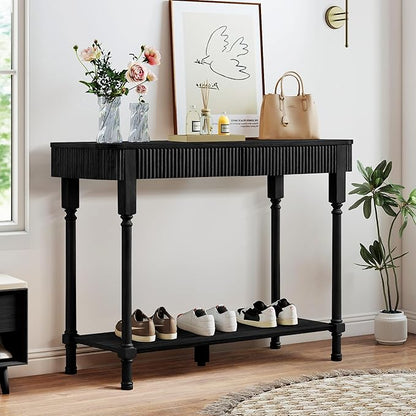 Fluted Console Table for Entryway, 43.3'' Narrow Entryway Tables with 2 Wooden Drawers, Retro Sofa Table Slim Behind Couch Accent Tables for Foyer, Living Room, Hallway (Black)