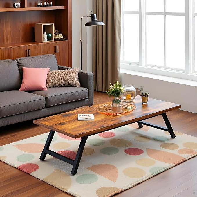Folding Coffee Table, 39.4” Portable Floor Table Desk for Sitting on The Floor, No Assembly Low Coffee Table for Living Room, Home, Caravan and Camping, Large 39.4Lx19.7Wx15.8H, Brown