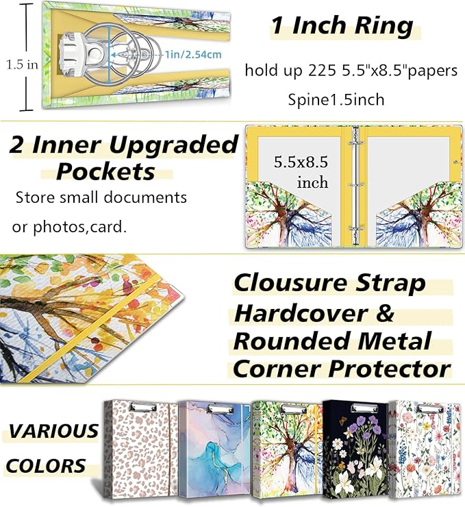 Mini 3 Ring Binder 1 Inch for 5.5"x8.5" Paper, Small Three Ring Binders with Clipboard,5-Tab Dividers,Interior Pocket, Spine ID Label Holder, BVSSX A5 Binder with Pen Holder,Season Tree