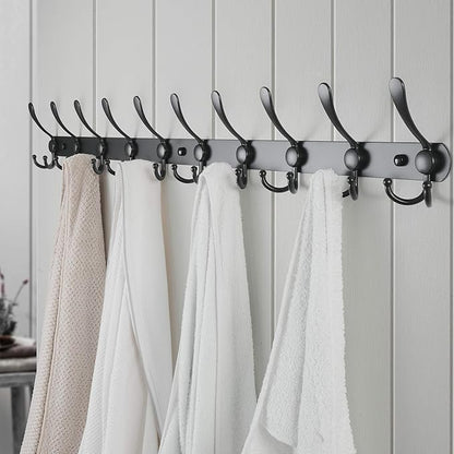 Dseap Coat Rack Wall Mount - 38” Long 10-Tri-Hooks Heavy Duty Coat Hanger Rail Wall Hooks for Hanging Coats Hats Clothing Clothes Purse Mudroom Entryway, Black, Pack of 2