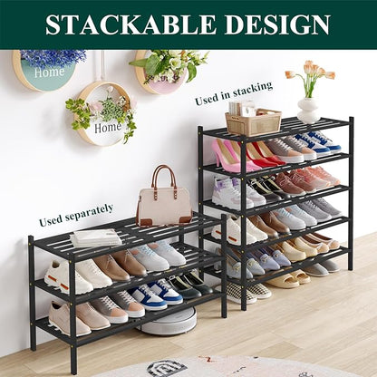 Smiry Long Bamboo Shoe Rack 2-Tier, Stackable Wooden Shoe Organizer for Entryway & Closet, Free Standing Wood Shoe Storage Shelf for Front Door & Small Spaces, Black