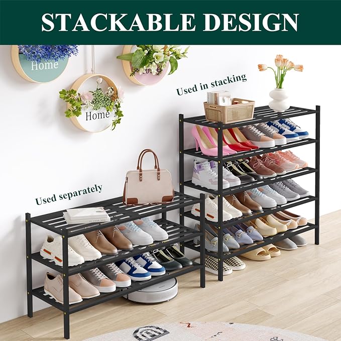 Smiry Long Bamboo Shoe Rack 3-Tier, Stackable Wooden Shoe Organizer for Entryway & Closet, Free Standing Wood Shoe Storage Shelf for Front Door & Small Spaces, Black