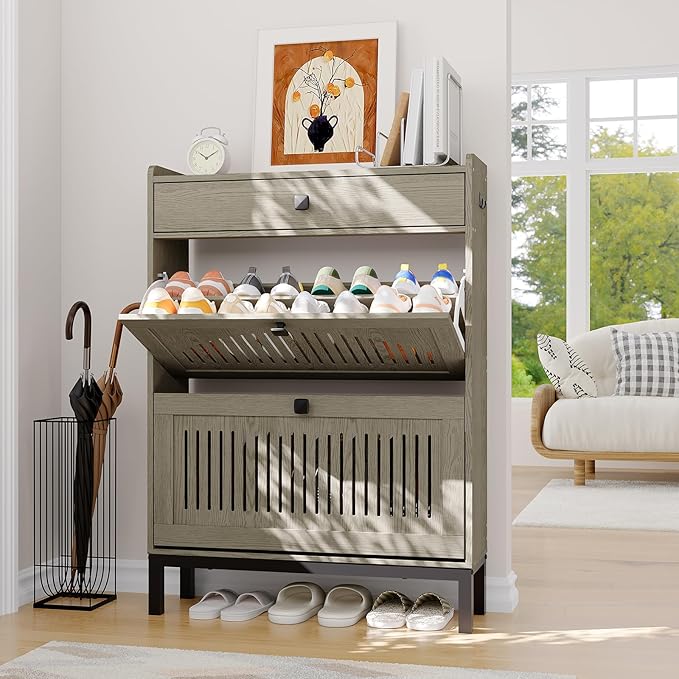 Garvee 2 Flip Drawer Shoe Cabinet with Adjustable Shelves, Hidden Shoe Organizer with Top Drawer, Freestanding Wooden Shoe Rack for Entryway, Hallway, Living Room, Washed Gray