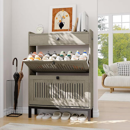 Garvee 2 Flip Drawer Shoe Cabinet with Adjustable Shelves, Hidden Shoe Organizer with Top Drawer, Freestanding Wooden Shoe Rack for Entryway, Hallway, Living Room, Washed Gray