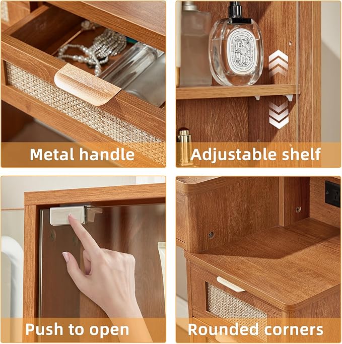 LEYAOYAO Rattan Vanity Desk with Mirror and Lights, 43.5'' Boho Makeup Vanity with 6 Drawers and Adjustable Shelves, Brown Make Up Vanity Dressing Table with Glass Top and Power Outlet for Bedroom