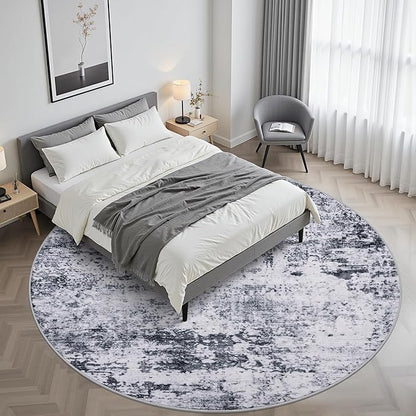 Round Area Rug for Living Room: 8 ft Washable Modern Abstract Soft Thin Rug Indoor Floor No Slip Stain Resistant Carpet for Bedroom Dining Room Farmhouse Nursery Home Office - Grey