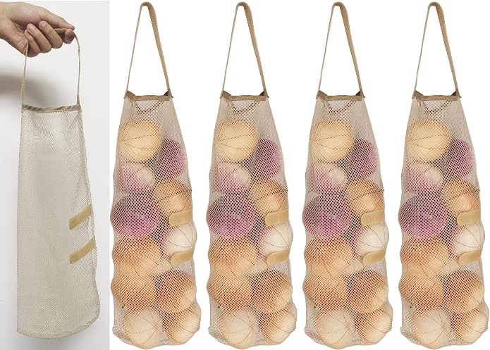 Hanging Mesh Storage 5Pack Potato & Onion Bags - Large Reusable Net Produce Bags (Beige)