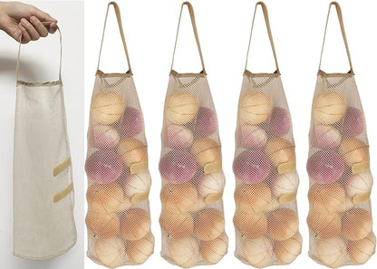 Hanging Mesh Storage 5Pack Potato & Onion Bags - Large Reusable Net Produce Bags (Beige)