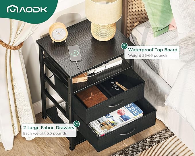 AODK Nightstand with Charging Station & LED Lights, 27.6" Tall Bedside Table with 4-Tier Storage, 2 Fabric Drawers & 2 Open Shelves, Space-Saving End Table for Bedroom & Living Room, Black