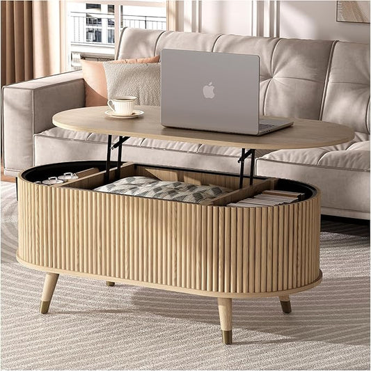 JOINICE 42.5" Oval Lift Top Coffee Table with Storage, Modern Oak Center Table with Fluted Design, Solid Wood Legs & Hidden Compartment, Pop Up Coffee Table for Living Roomm