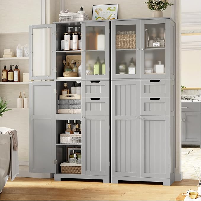 BOTLOG 67'' Tall Bathroom Storage Cabinet, Kitchen Pantry Cabinet with Glass Doors and Adjustable Shelves, Kitchen Cupboard with 2 Drawers for Bathroom, Dining Room, Grey