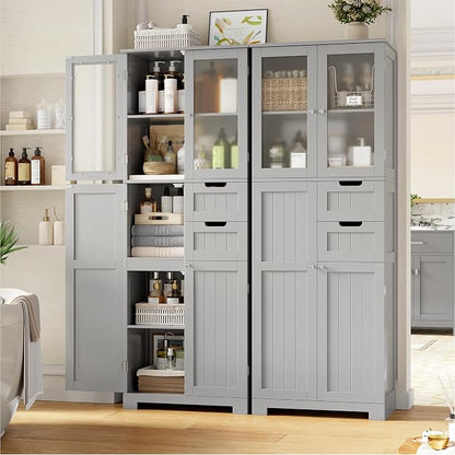 BOTLOG 67'' Tall Bathroom Storage Cabinet, Kitchen Pantry Cabinet with Glass Doors and Adjustable Shelves, Kitchen Cupboard with 2 Drawers for Bathroom, Dining Room, Grey