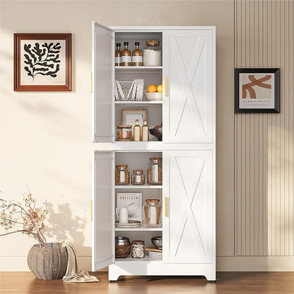 COFaR White 75” Tall Modular Storage Cabinet, Stackable 2-in-1 Metal Cabinet with 4 Doors & 6 Adjustable Shelves, Heavy Duty Pantry Cabinet, Floor to Ceiling Kitchen Organizer with Anti-Tip Kit