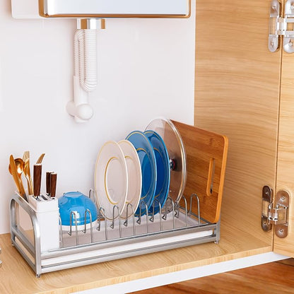 Dish Drying Rack for Small Kitchen Counter, 304 Stainless Steel Small Dish Rack w Utensil Holder & Tray for Limited Space, Rustproof Narrow Dish Rack for Pot & Pan, Plate, Lid (Silvery)