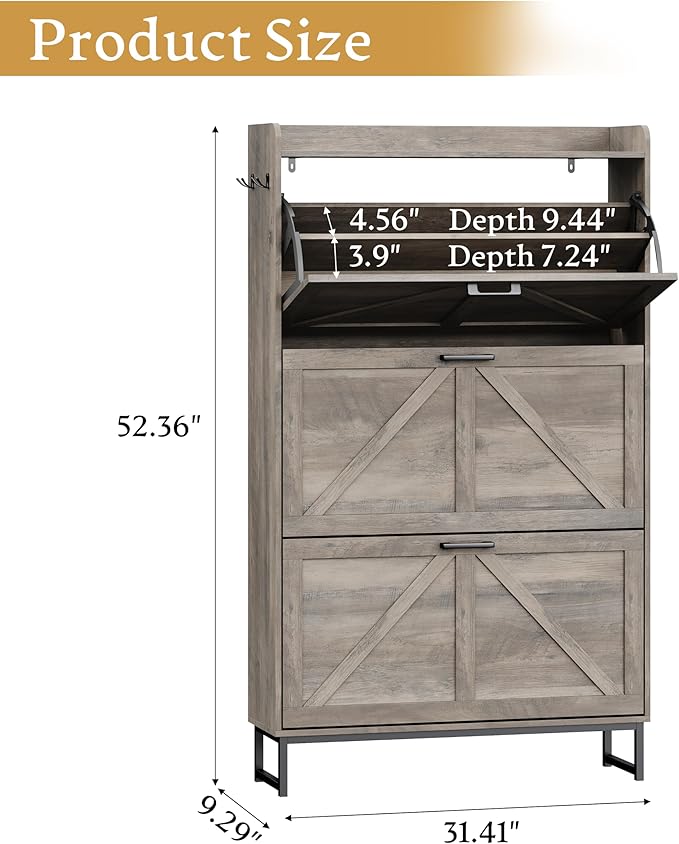 Shoe Cabinet Storage for Entryway, Shoe Storage Cabinet with 3 Flip Drawers, Freestanding Narrow Shoe Rack Organizer with Metal Legs for Foyer, Hallway, Grey