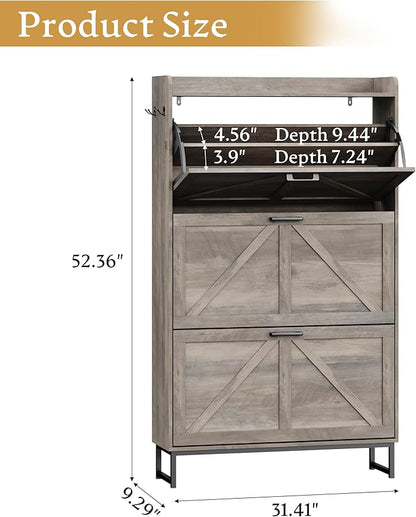 Shoe Cabinet Storage for Entryway, Shoe Storage Cabinet with 3 Flip Drawers, Freestanding Narrow Shoe Rack Organizer with Metal Legs for Foyer, Hallway, Grey