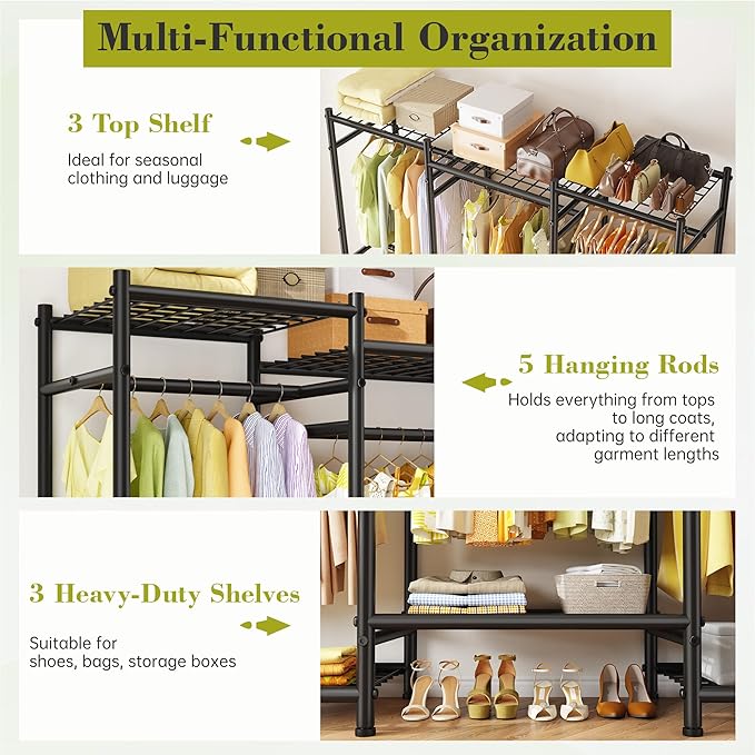 Raybee Portable Closet,Clothes Rack with 5 Hang Rods & 6 Shelves,Clothing Racks for Hanging Clothes,Metal Garment Rack for Bedroom,Large Capacity,Adjustable,Stury 66.5" Wx15.75 Dx74.8 H Black