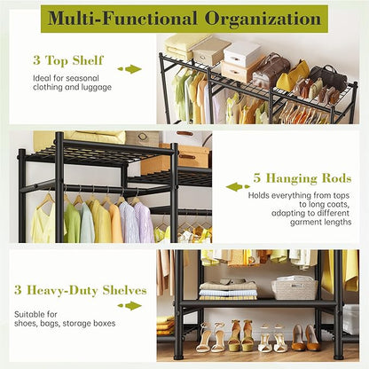 Raybee Portable Closet,Clothes Rack with 5 Hang Rods & 6 Shelves,Clothing Racks for Hanging Clothes,Metal Garment Rack for Bedroom,Large Capacity,Adjustable,Stury 66.5" Wx15.75 Dx74.8 H Black