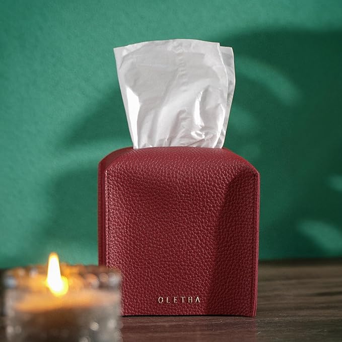 OLETHA Square Tissue Box Cover - Christmas Decorations Indoor Desk Decor for Room, Home & Office - Tissues Cube Boxes Holder - Red