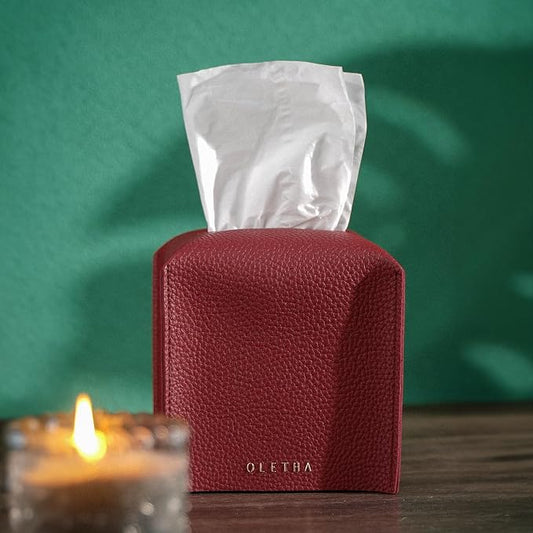 OLETHA Square Tissue Box Cover - Christmas Decorations Indoor Desk Decor for Room, Home & Office - Tissues Cube Boxes Holder - Red