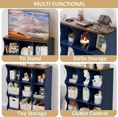 9 Cube Book Shelf, Low and Short Bookshelf, Long Cube Storage Organizer Wood TV Stand, Toy Organization DVD Cabinets for Living Room, Office, Bedroom, Dorm, Blue with Natural Top