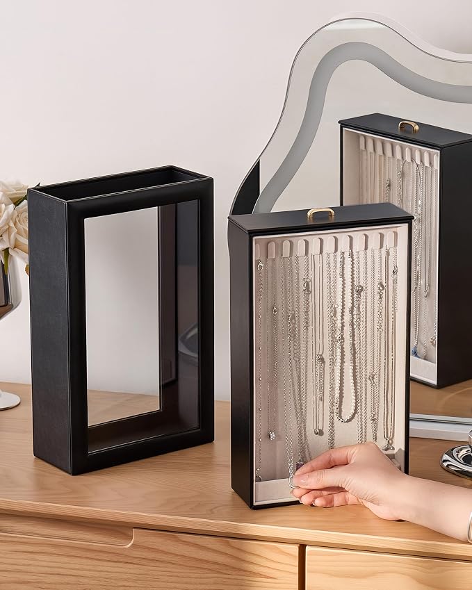 Lolalet Upgraded Double-Sided Hanging Necklace Organizer Box, Jewelry Display Case with Double-Sided Clear Window for Necklaces Bracelets, Tangle-Free Necklace Storage Box, Black, 1-Layer 20 Hooks