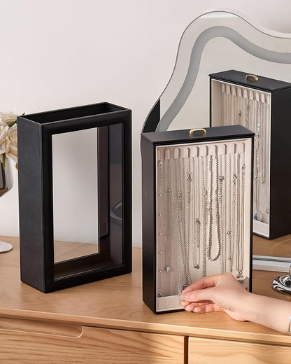 Lolalet Upgraded Double-Sided Hanging Necklace Organizer Box, Jewelry Display Case with Double-Sided Clear Window for Necklaces Bracelets, Tangle-Free Necklace Storage Box, Black, 1-Layer 20 Hooks