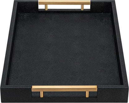 Black Faux Leather Large Square Tray with Handles – Decorative Serving for Coffee Table, Ottoman, Living Room & Bathroom