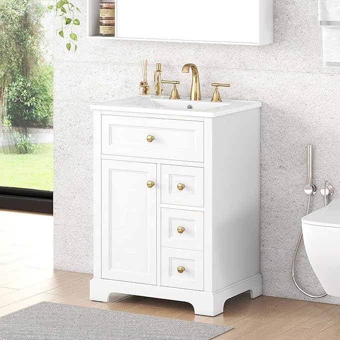 24'' Bathroom Vanity with Sink, MDF & Pinewood Construction, 3 Drawers & Cabinet with 2-Tier Door Storage Rack, Soft-Close Door & Drawers, Modern Design for Small to Medium Bathrooms, White