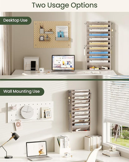 CHOEZON Wall File Organizer, 10-Tier Hanging Mail Organizer, Wall Mount File Holder with 4 Side Hooks, Industrial Mail and Storage Organizer, Wooden Vertical Hanging Holder for Office, Greige MWJ03FH