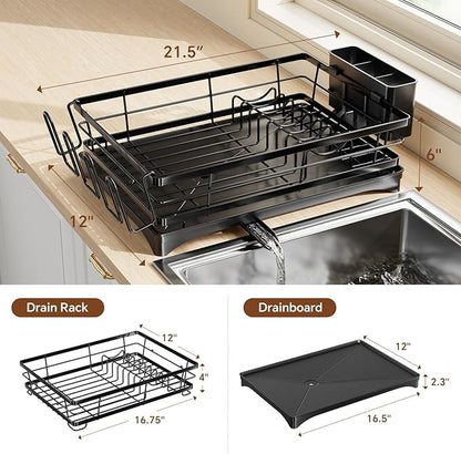 Simple Trending Dish Drying Rack for Kitchen Counter, Stainless Steel Dish Rack, Large Dish Drainer Organizer with Cutlery Holder & Cup Holders, Black