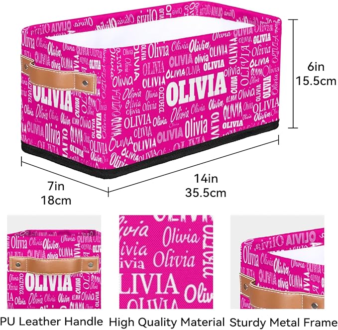 Personalized Name Small Storage Basket with Handles, Hot Pink Canvas Storage Bins Toys Organizer for Bedroom, Kitchen, Bathroom, Nursery, Shelves, Closets