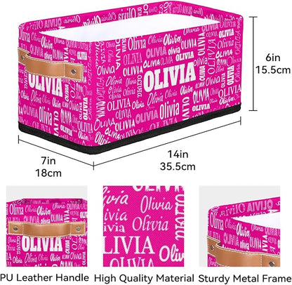 Personalized Name Small Storage Basket with Handles, Hot Pink Canvas Storage Bins Toys Organizer for Bedroom, Kitchen, Bathroom, Nursery, Shelves, Closets