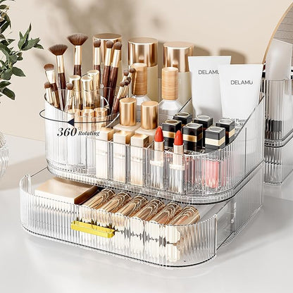 Delamu Makeup Organizer for Vanity with Stackable Drawers, 360 Rotating Makeup Brush Holder Large Cosmetic Display Case, Bathroom Skincare Storage, Crystal Clear, Ideal Christmas Gifts for Girls