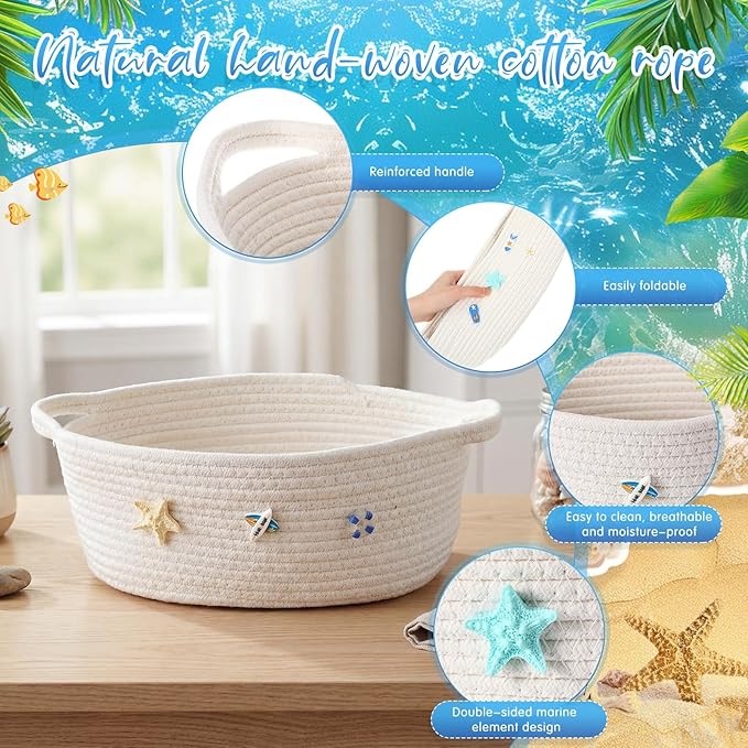 Remerry Boho Coastal Toilet Paper Storage Basket Beach Ocean Bathroom Accessories White Cotton Rope Bin with Starfish Organizer Decor for Toilet Closet Nursery Organizing 12 x 8 x 5 Inch
