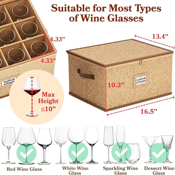 2 Pack Wine Glass Storage Box with Dividers, Hard Shell, Stackable Glassware Storage Containers with Handles & Label, 10'' Tall Stemware Storage Cases for 24 Wine Glasses, Moving & Home Storage