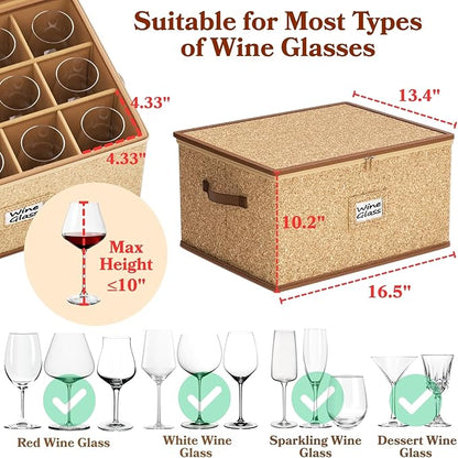2 Pack Wine Glass Storage Box with Dividers, Hard Shell, Stackable Glassware Storage Containers with Handles & Label, 10'' Tall Stemware Storage Cases for 24 Wine Glasses, Moving & Home Storage