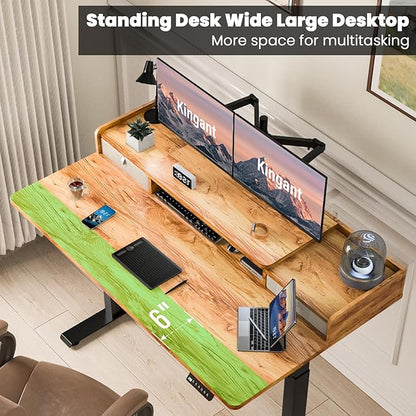 Kingant 48 x 30 Inch Electric Standing Desk with Dual Drawers, Adjustable Height Computer Desk for Home Office, Large Workstation Sit Stand Up Desk with Built-in Storage Shelf, Light Rustic Brown