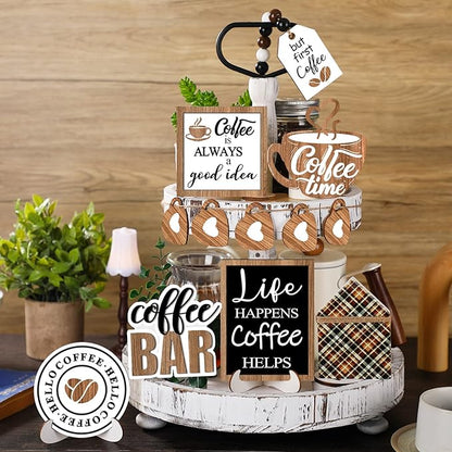 11 Pcs Coffee Tiered Tray Decor Coffee Time Rustic Farmhouse Tiered Tray Decorations Set Home Wooden Signs Vintage Farm Animal Farmhouse Tabletop Wood Signs for Kitchen Table Shelf Decor