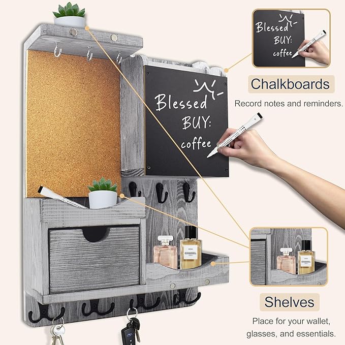 Key Holder Wall Mount， Mail Organizer Key Holder for Wall with Shelf, Drawer, Chalkboard, Corkboard, Home Decor Wall Mounted for Room Entryway(Grey)